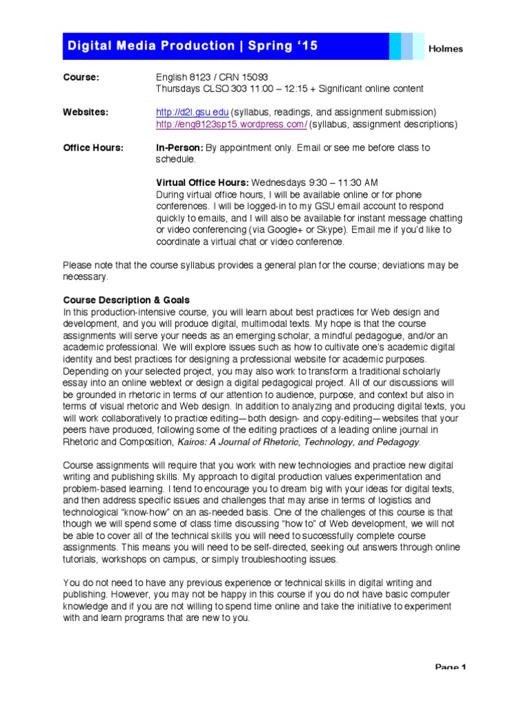 Digital Media Production Syllabus PDF Educational Technology