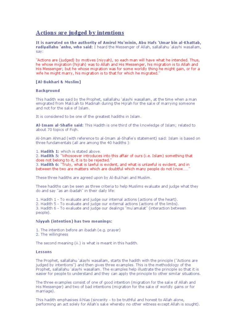 Actions Judged by Intentions in Islam | PDF | Hadith | God In Islam
