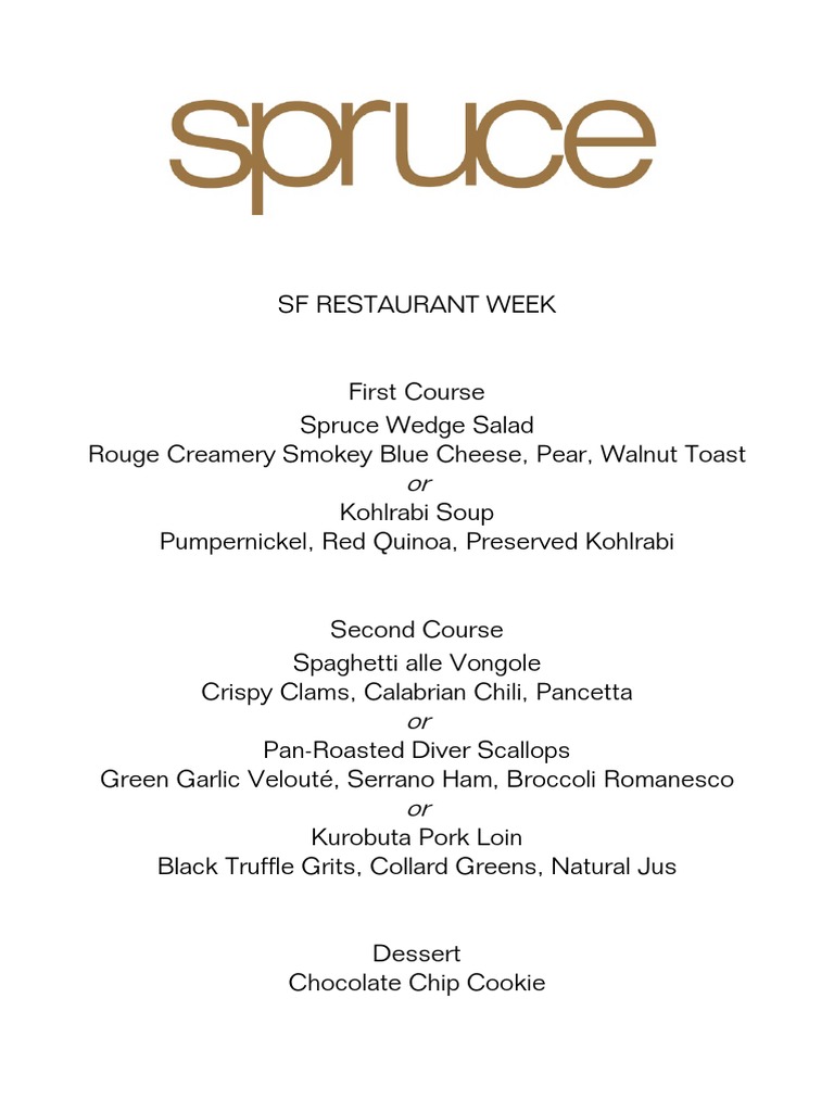 Spruce SF Restaurant Week Menu 2015