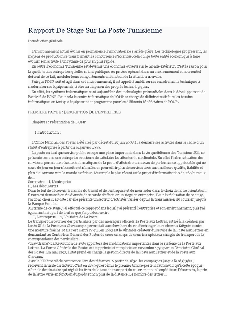 79792335 Rapport de Stage Sur La Poste Tunisienne  Poste  Informatique