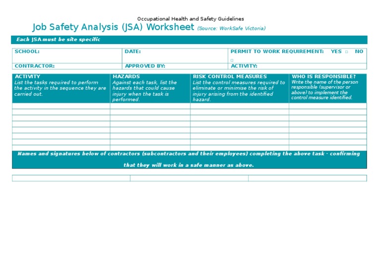 Job Safety Analysis (JSA) Worksheet: Each JSA Must Be Site Specific ...