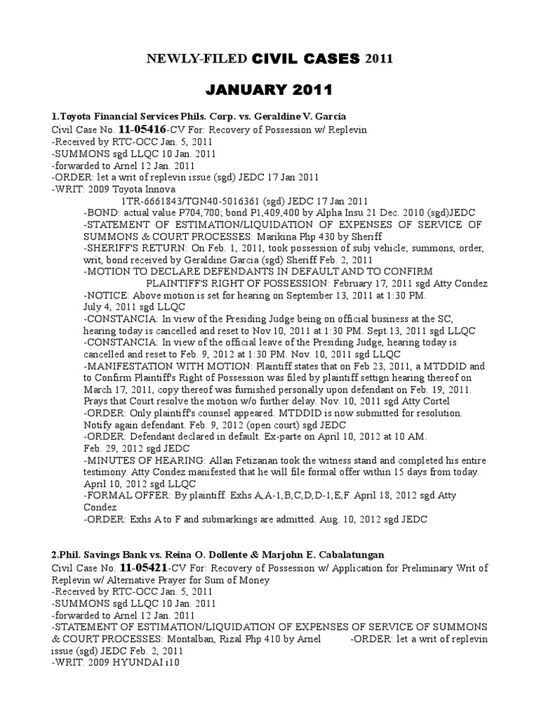 Newly-Filed Civil Cases Docket 2011 | PDF | Lawsuit | Service Of Process