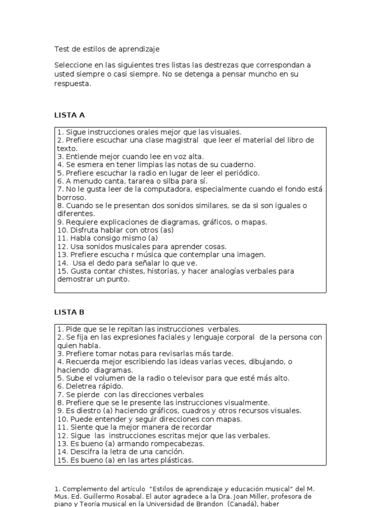 Test de Estilos de Aprendizaje VAK | PDF | Aprendizaje | Ciencia cognitiva