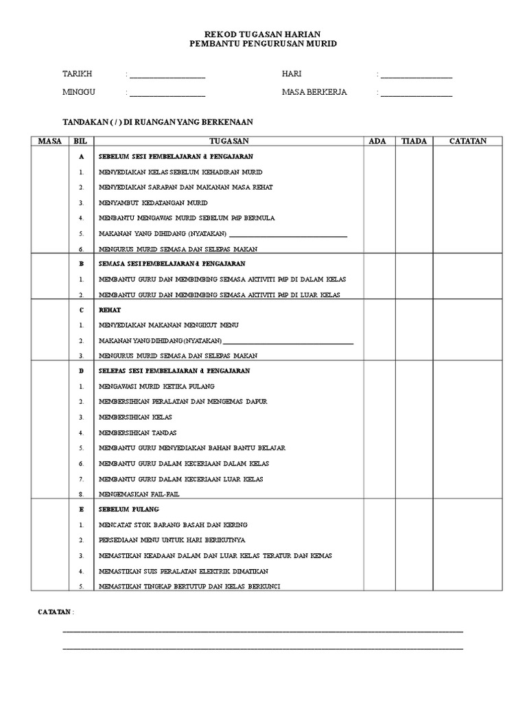 Contoh Borang Laporan Tugasan Harian