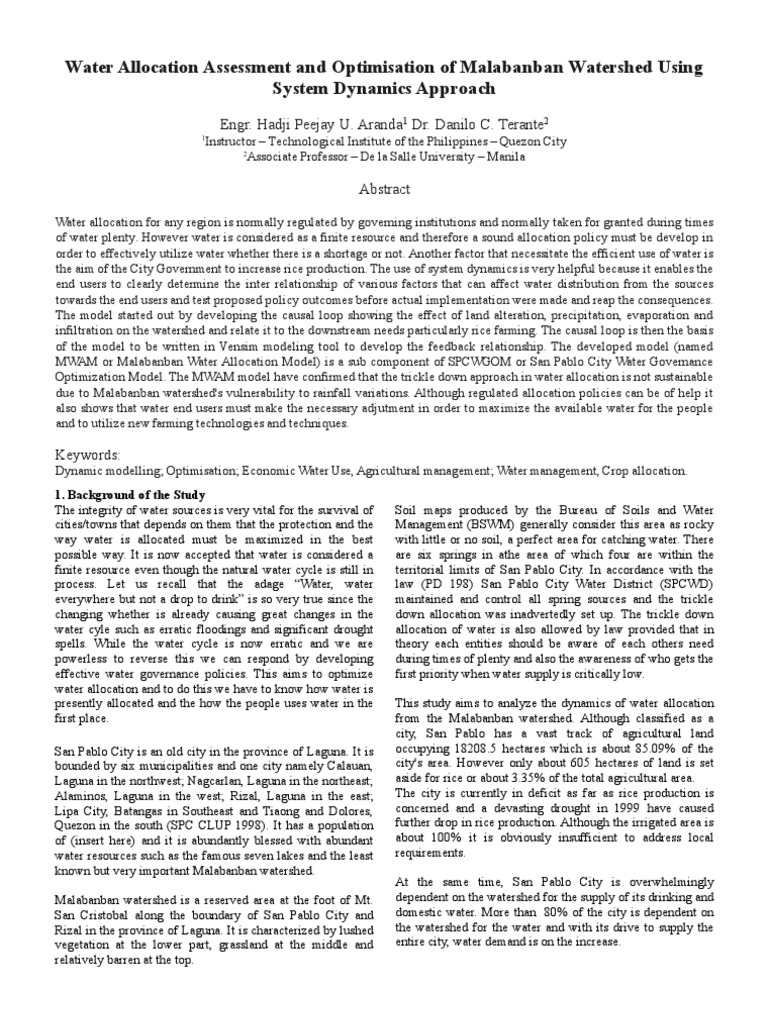 Water Allocation Assessment and Optimization of Malabanban Watershed ...