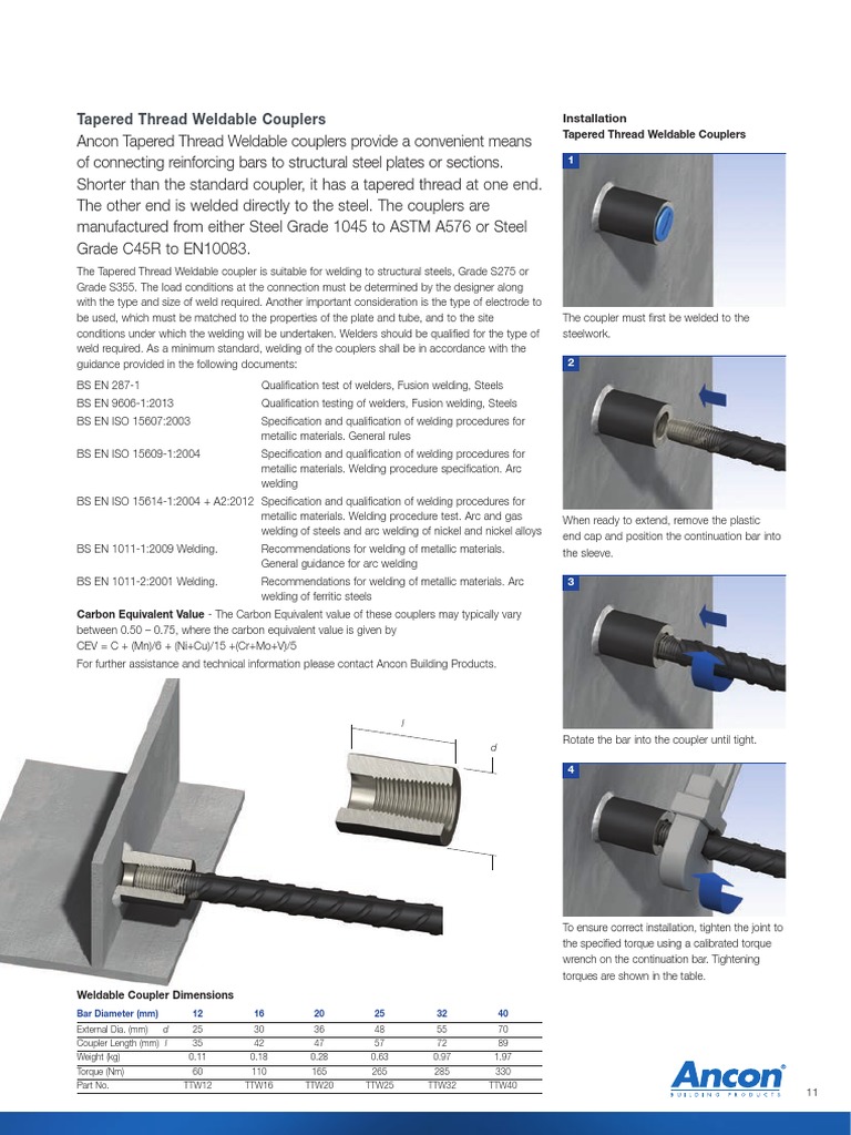 Tapered Thread Weldable Couplers Guide | PDF | Welding | Construction