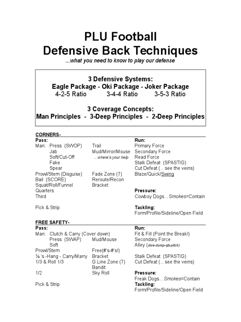 PLU Football Defensive Back Techniques: 3 Defensive Systems: Eagle ...