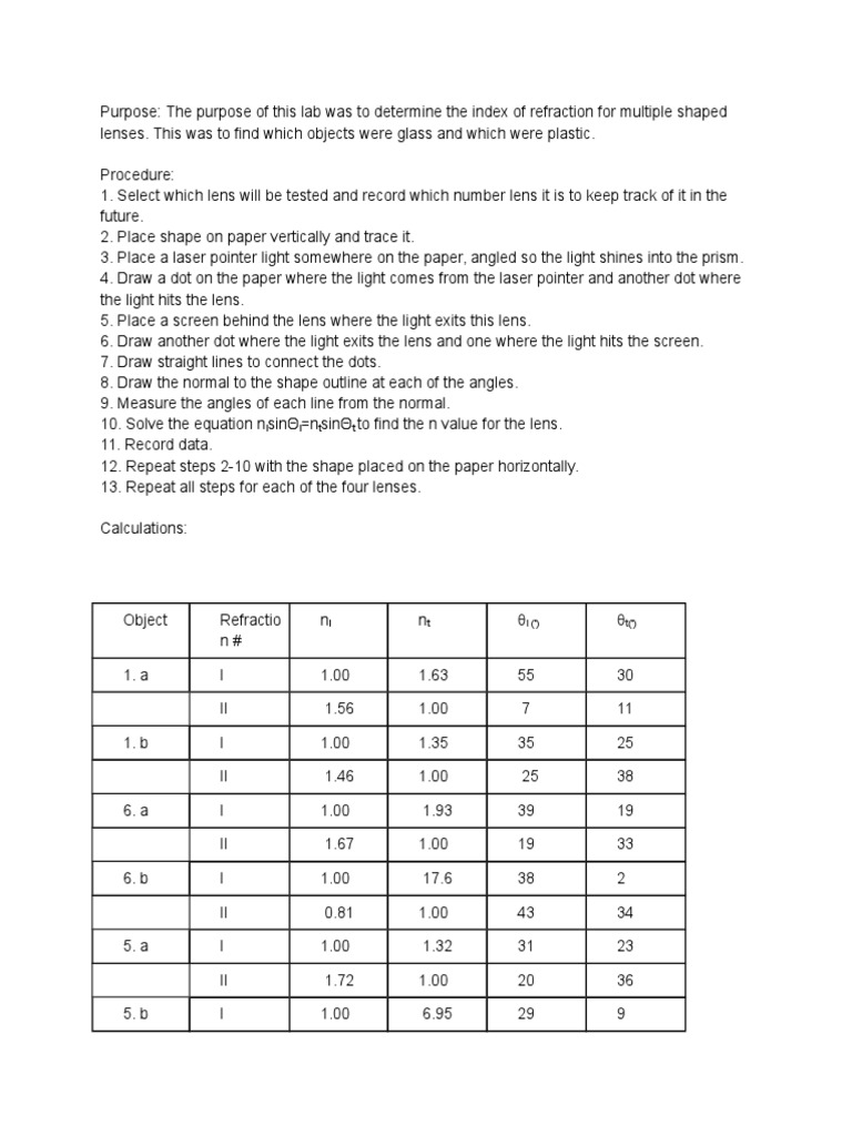 Index of Refraction Lab PDF Prism Refraction