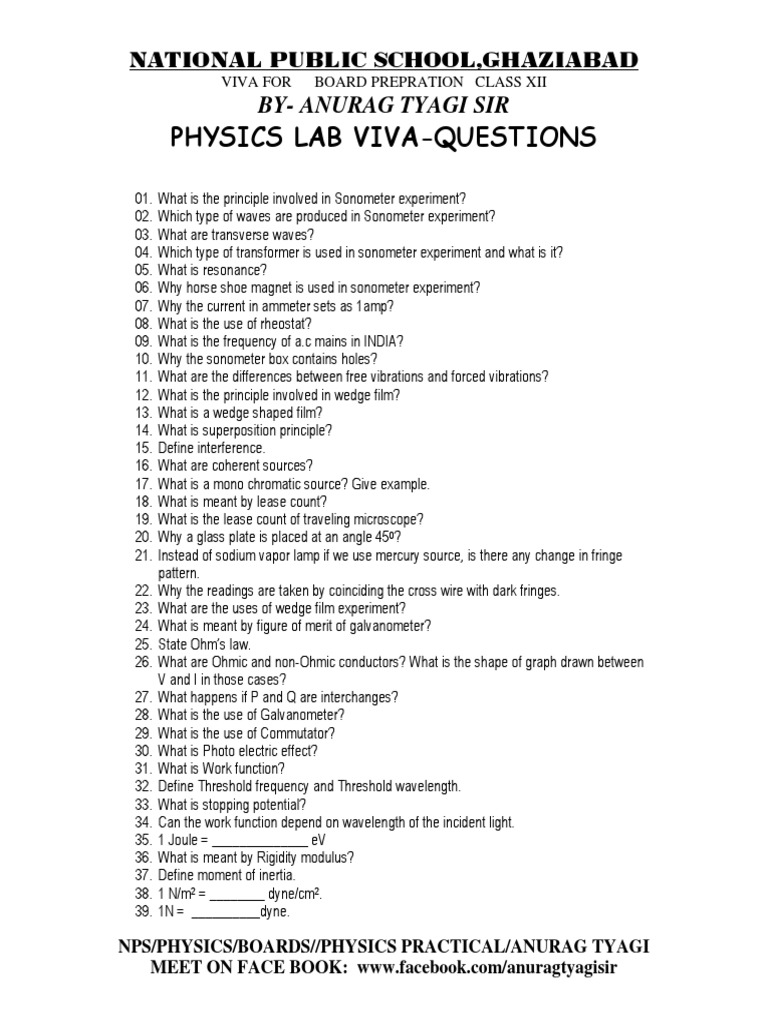 PHYSICS LAB VIVA Important Questions by ATS PDF Interference (Wave Propagation