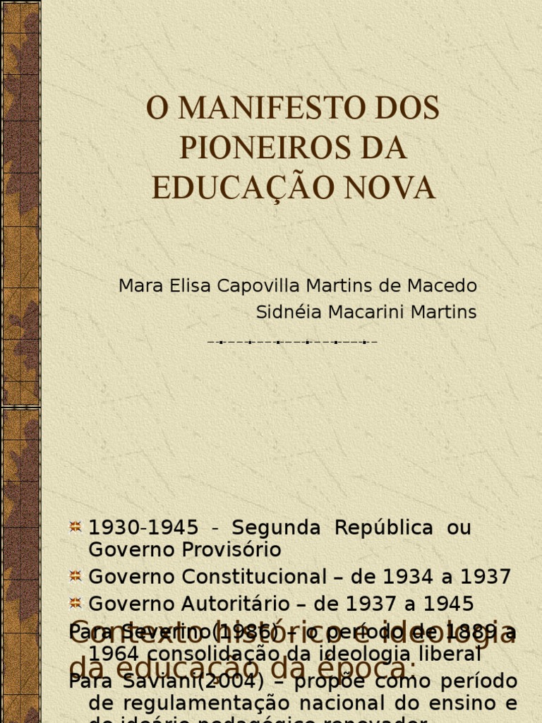 O Manifesto Dos Pioneiros Da Educação