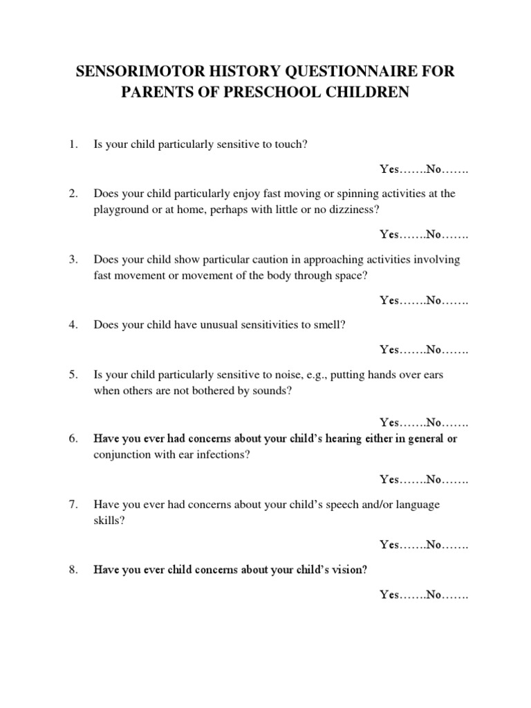 Sensorimotor History Questionnaire for Parents of Preschool