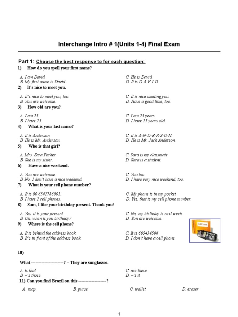 Interchange Intro (Units 14) Test PDF