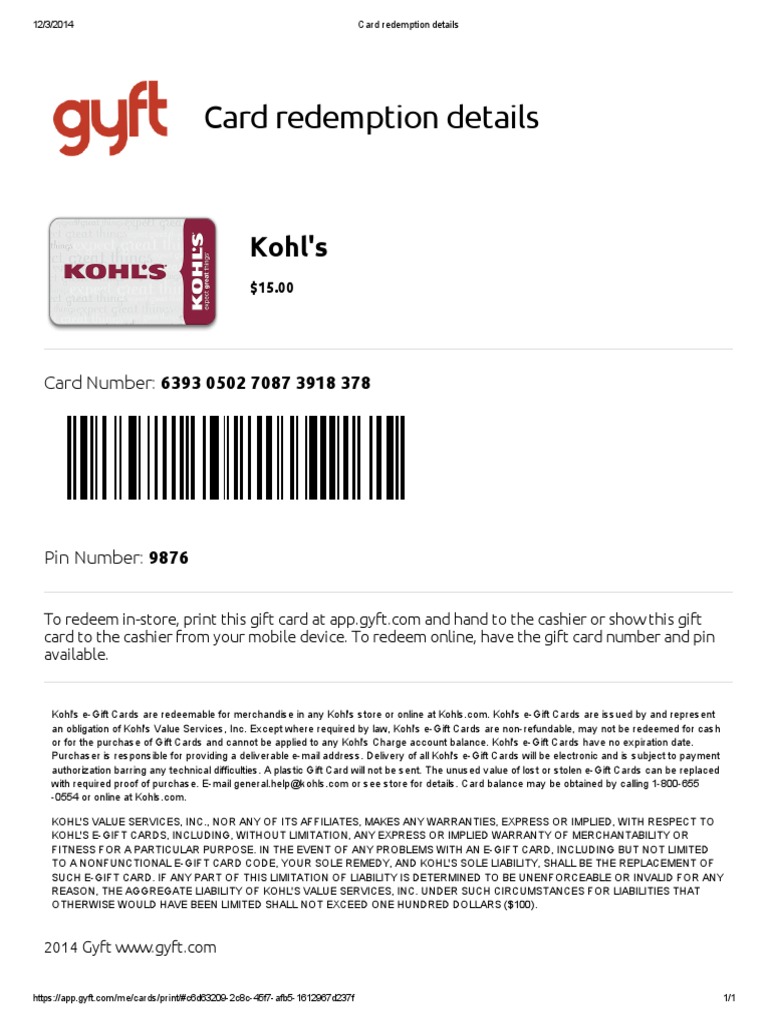 Details on Two 15 Kohl s Gift Cards Including Redemption