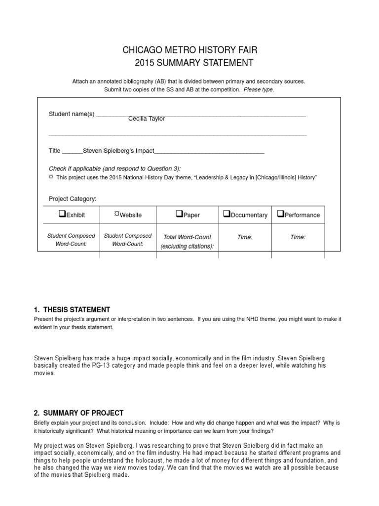 Chicago Metro History Fair 2015 Summary Statement: Check If Applicable ...