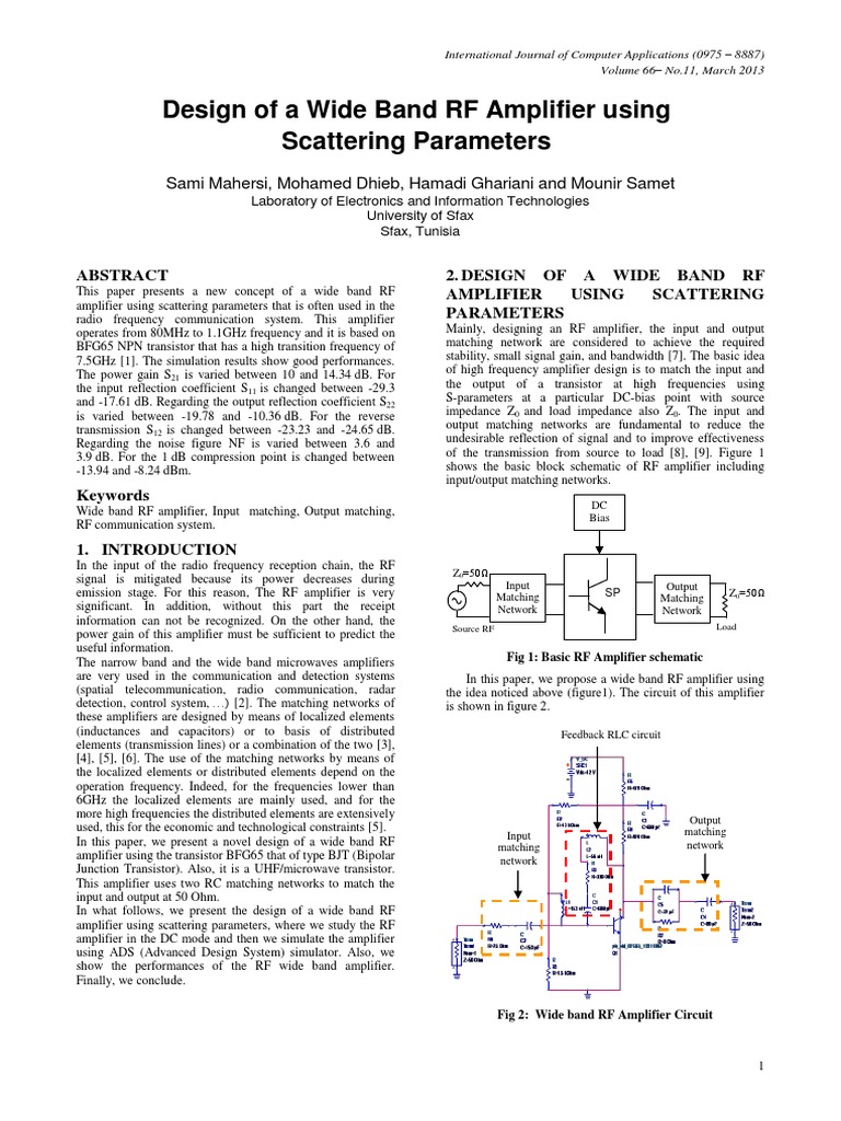 Design of a Wide Band RF Amplifier using Scattering Parameters