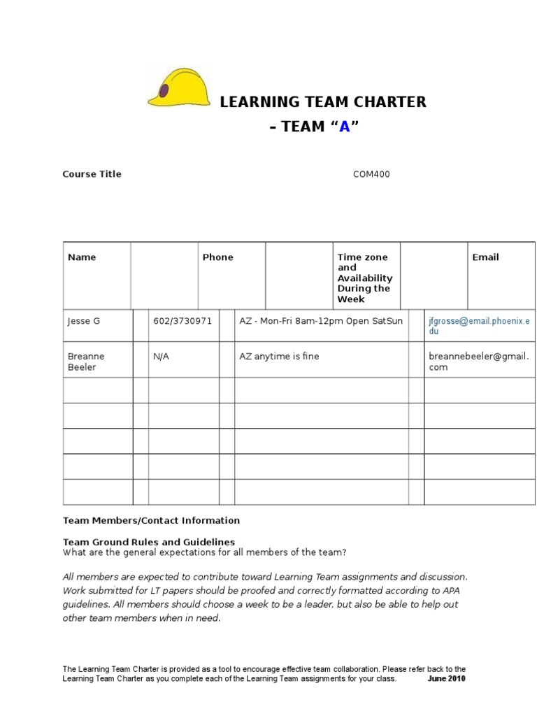 Team A Learning Charter Guidelines | PDF