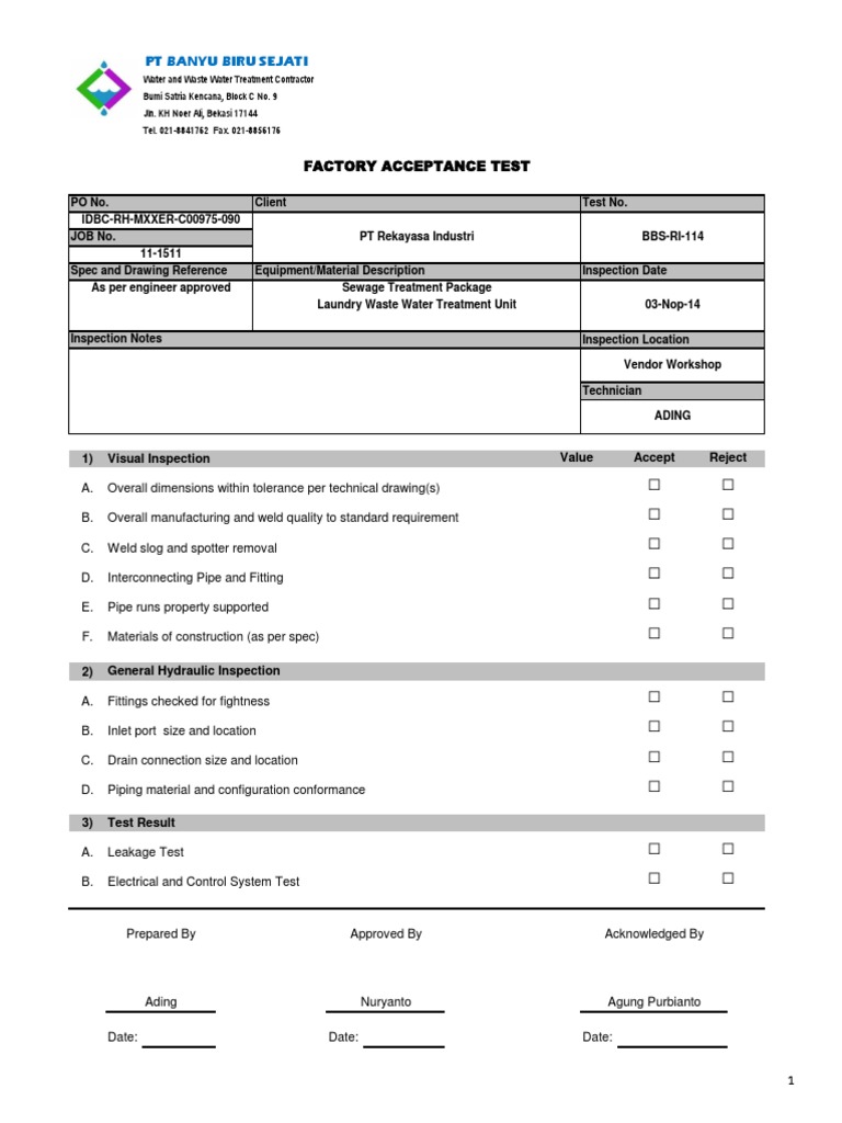 Factory Acceptance Test  PDF  Pipe (Fluid Conveyance Intended For Acceptance Test Report Template