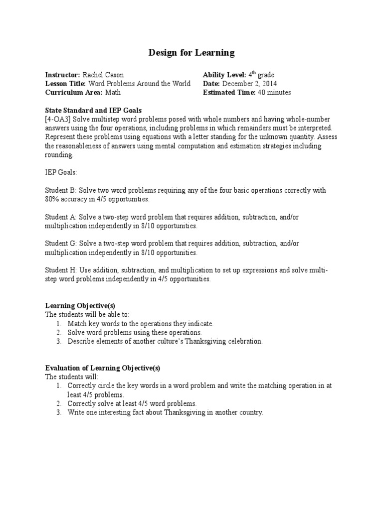 Lesson Plan Key Words For Math Operations Educational Assessment Subtraction