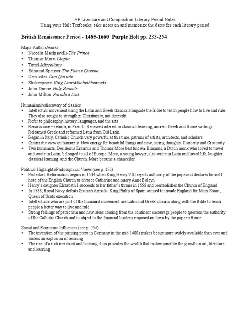 British Renaissance Literature Notes | PDF