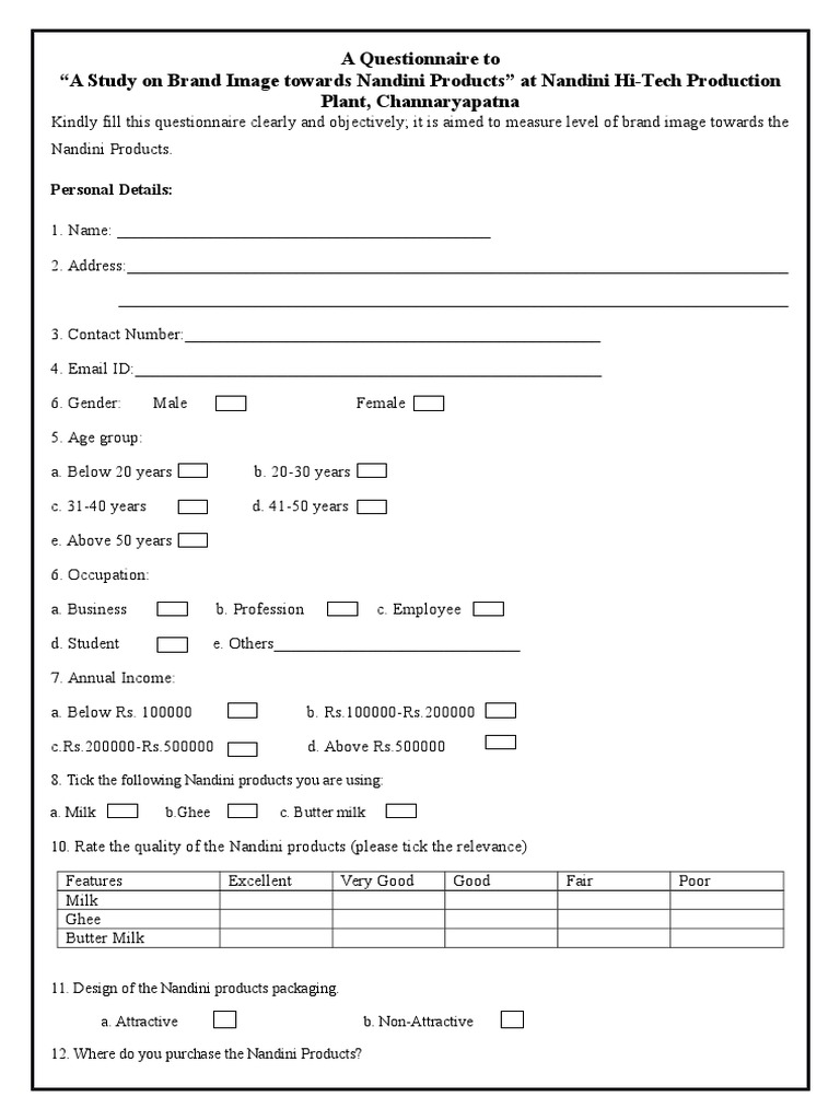 Nandini Products Brand Image Survey | PDF