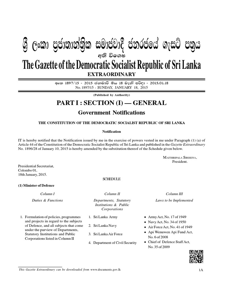 The Gazette Of The Democratic Socialist Republic Of Sri Lanka