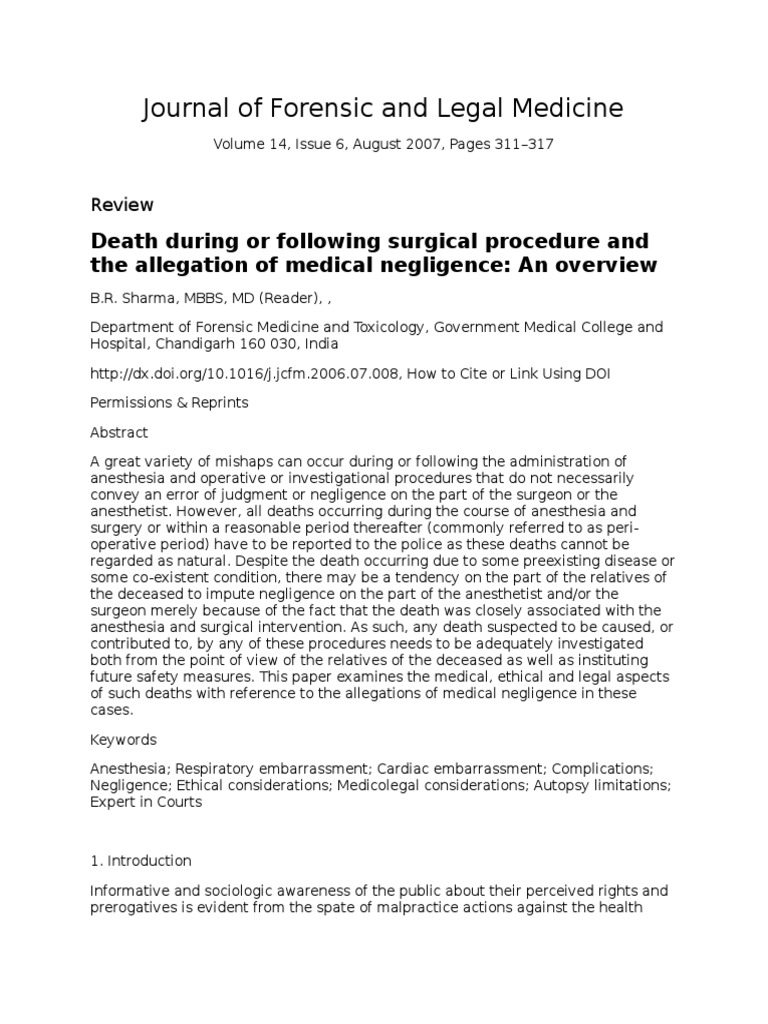 An Overview of Deaths During or Following Surgical Procedures and the Allegations of Medical