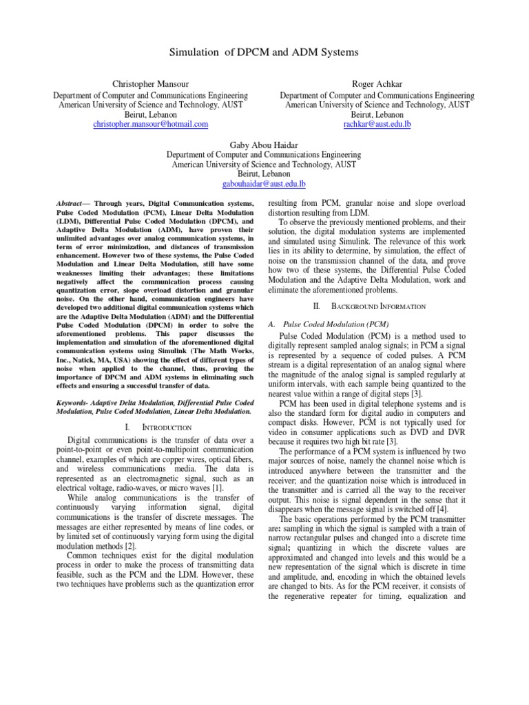 Simulation De Pcm Dpcm Y Dm Simulink Pdf Modulation Sampling