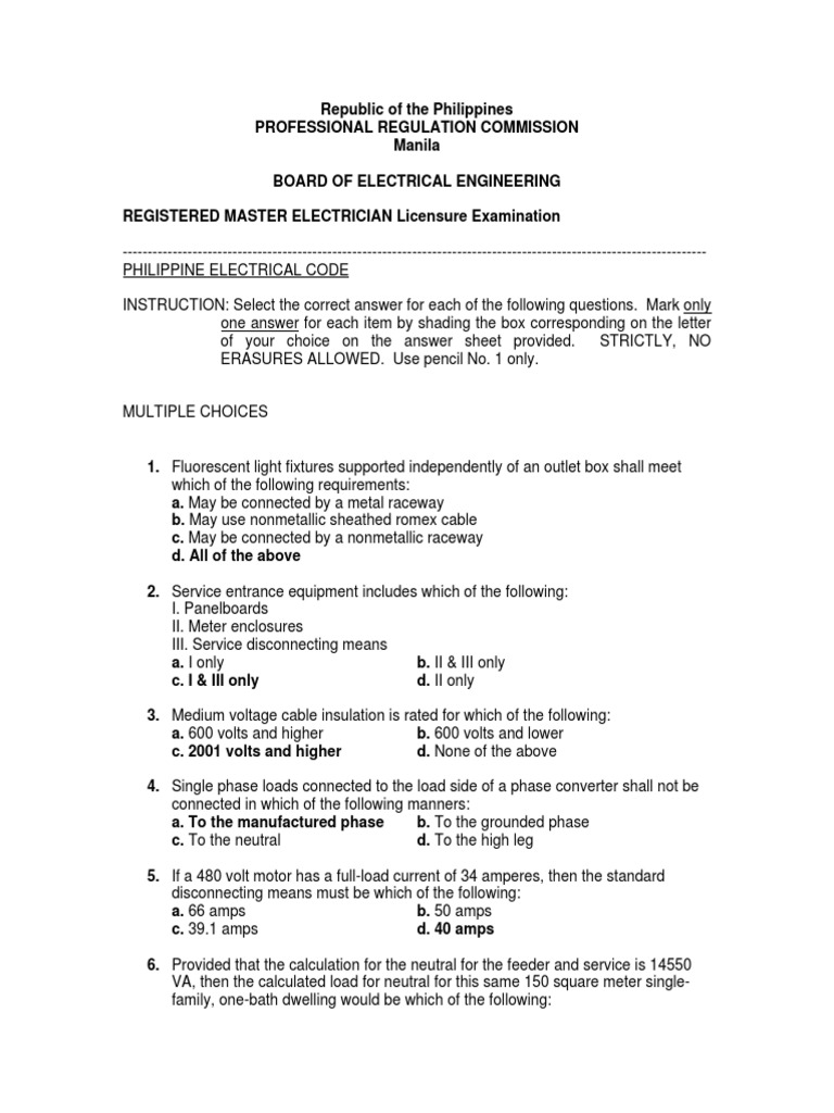 Philippine Electrical Code Exam Questions | PDF | Fuse (Electrical ...