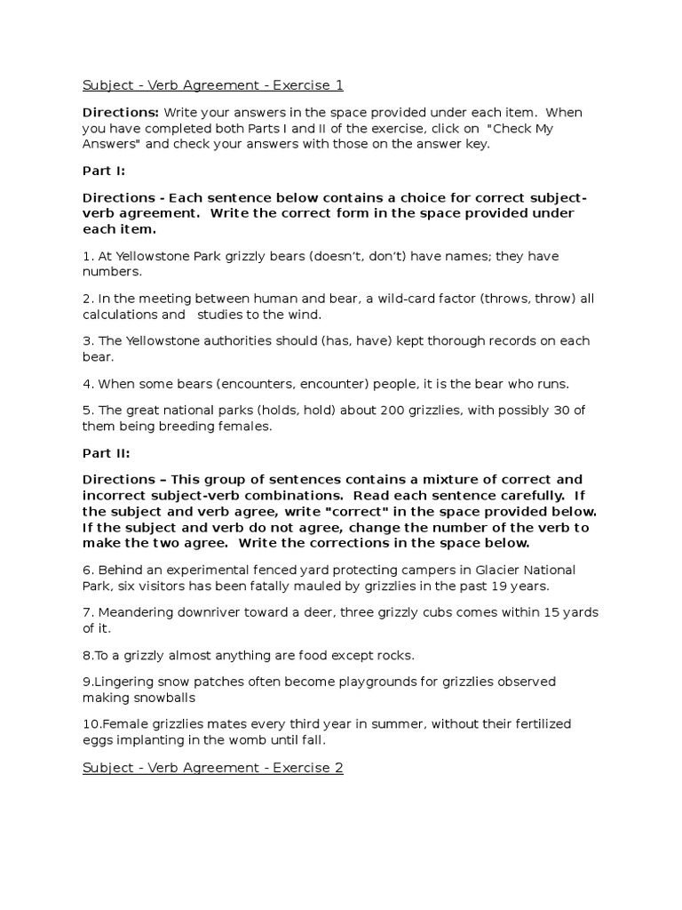 Exercises Subject Verb Agreement Peace Corps Grizzly Bear