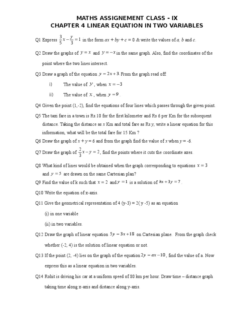 Class 9 Linear Equations Assignment | PDF | Cartesian Coordinate System ...