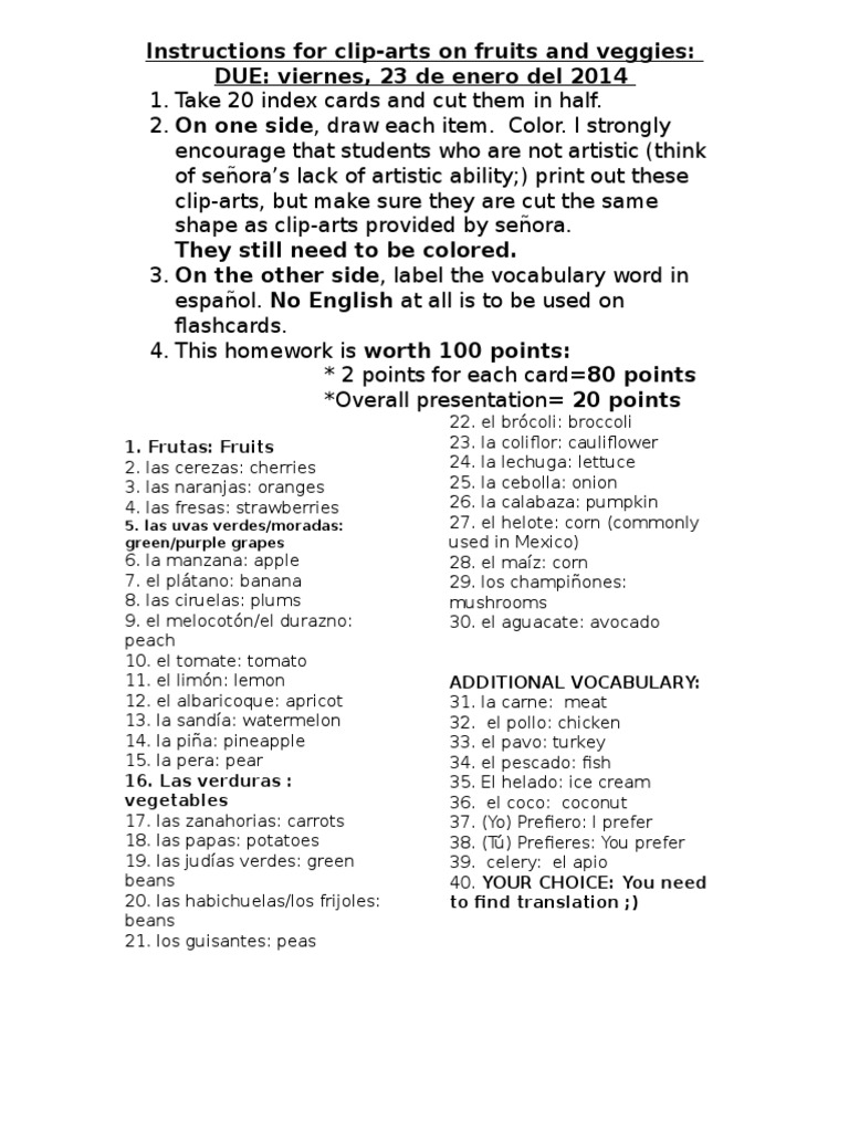Fruit and Vegetable Flashcard Instructions | PDF