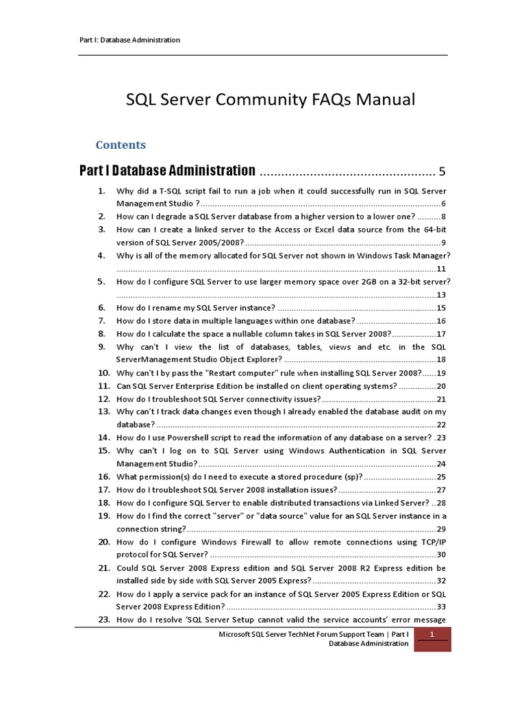 SQL Server Community Faqs Manual: Part I Database Administration
