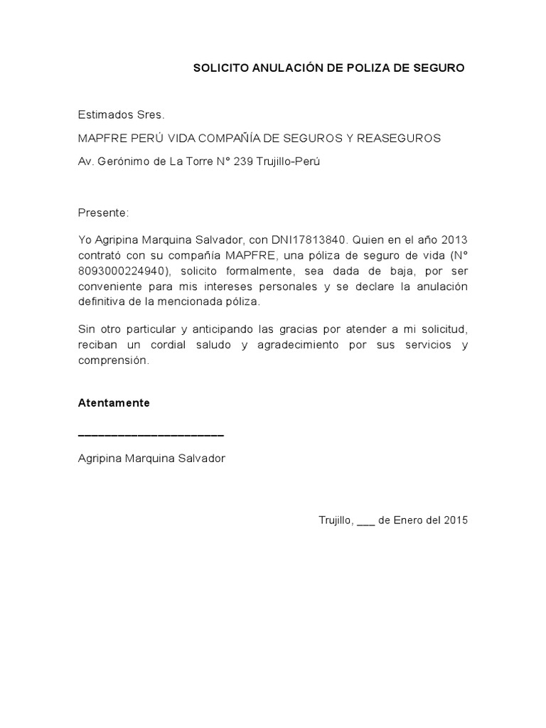 Carta Para Anulacion De Poliza De Seguro 2023