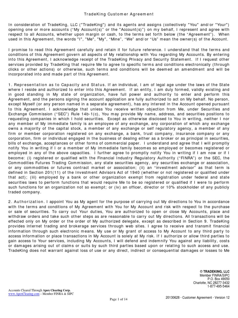 Customer Agreement Pdf Securities Finance Order Exchange