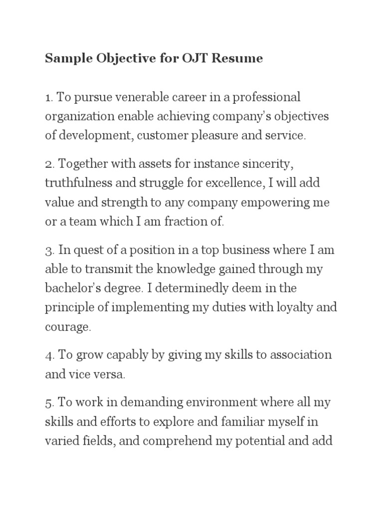 Sample objective for ojt resume