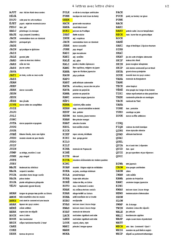 Mots De 4 Lettres Avec Lettre Chere Pdf