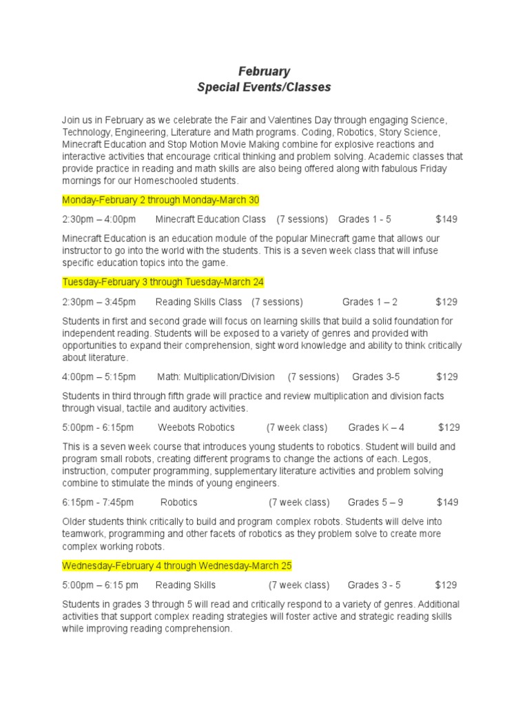 February STEM & Arts Classes for Kids | PDF | Games & Activities ...