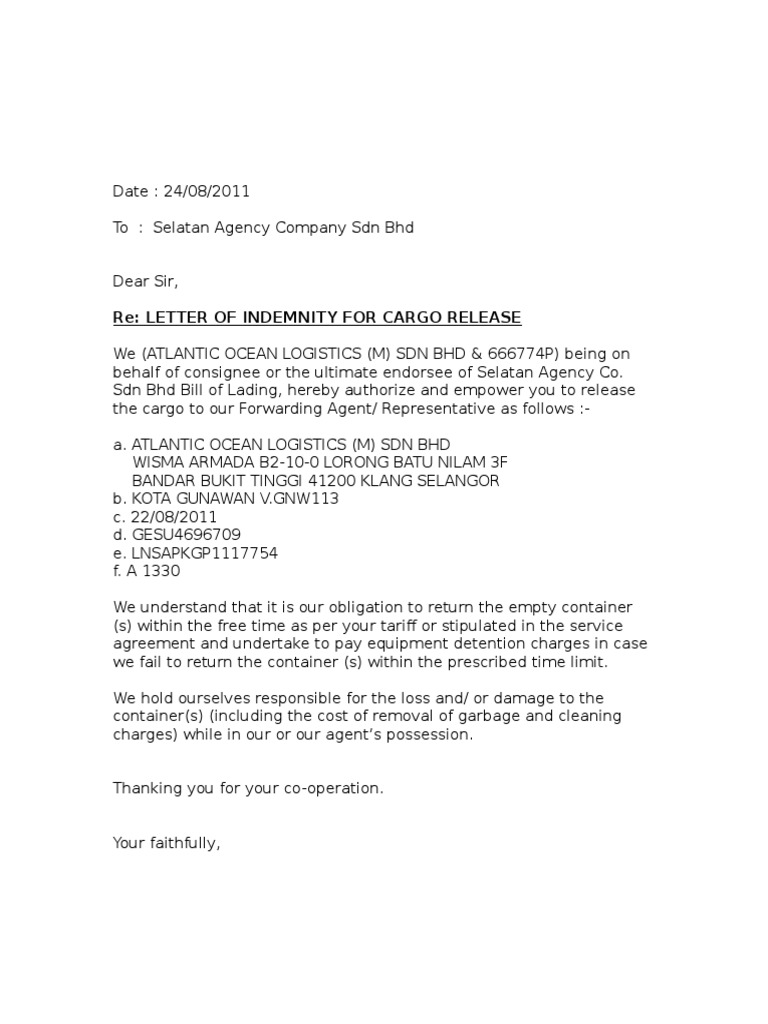 Re: Letter of Indemnity For Cargo Release | PDF | Business