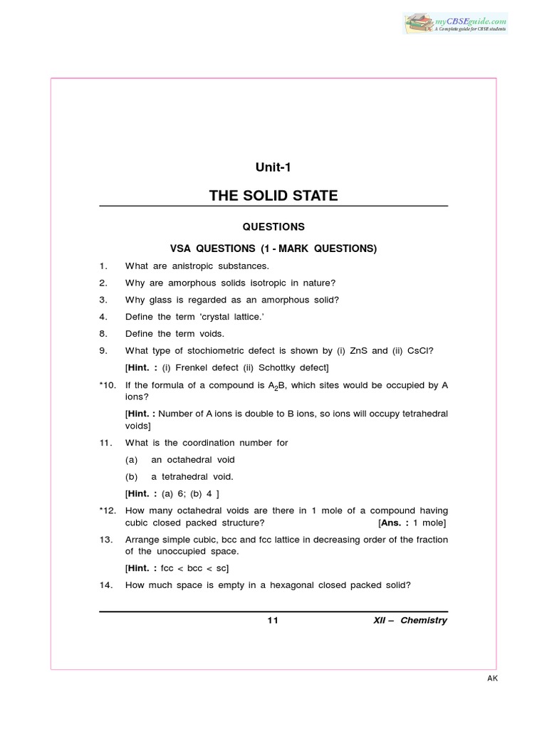 12 Chemistry Important Questions Solid State 01 | PDF | Crystal ...