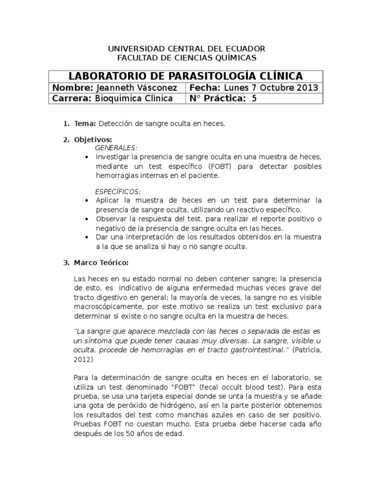 Practica 5 Determinacion De Sangre Oculta En Heces Pdf Heces