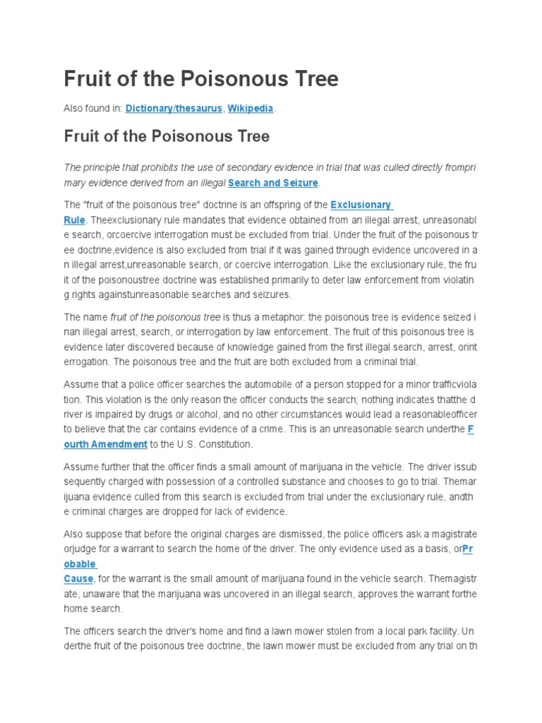 Fruit Of The Poisonous Tree Fourth Amendment To The United States Constitution Search And Seizure