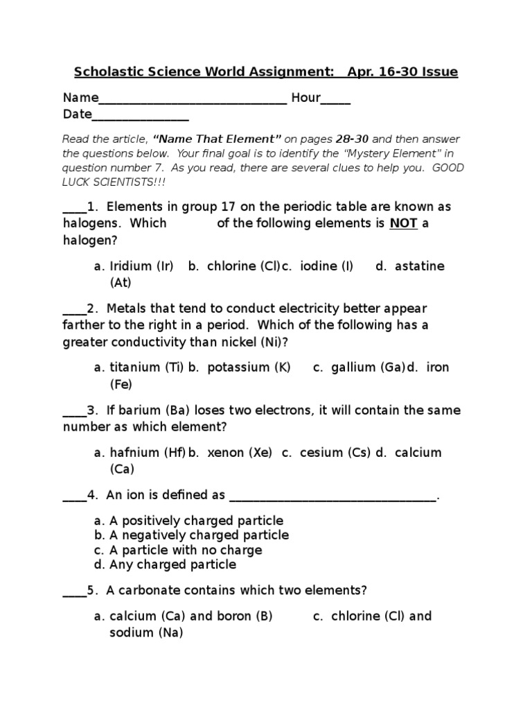 Science World Name That Element Worksheet | PDF