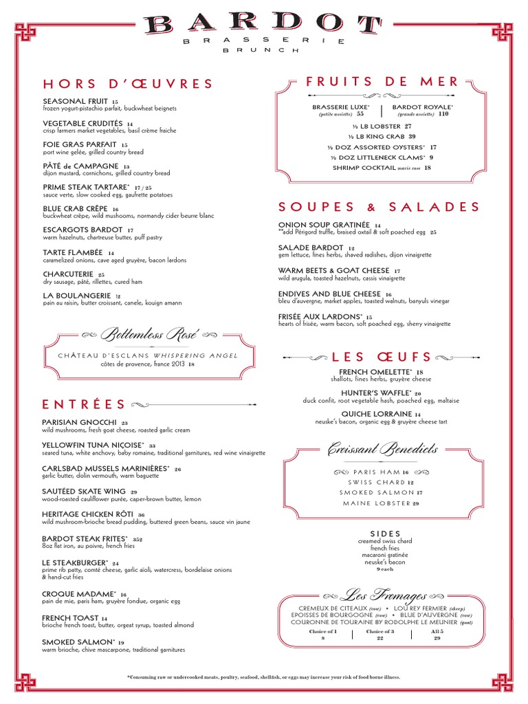 Bardot Brasserie brunch menu Champagne Foods