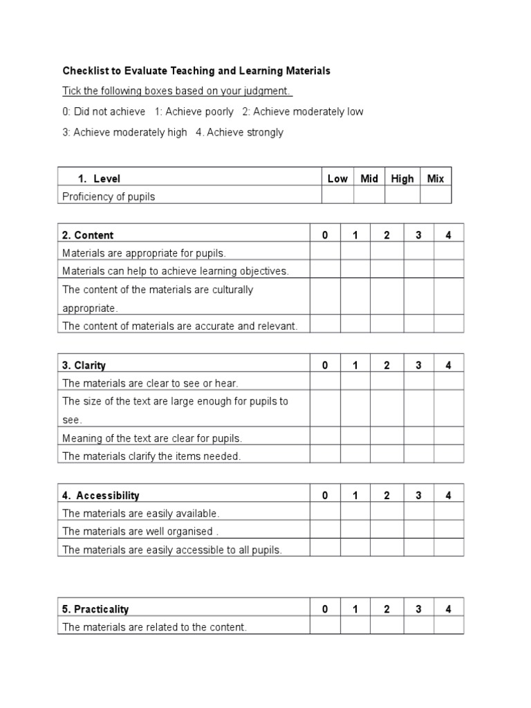 Checklist To Evaluate Teaching and Learning Materials | PDF