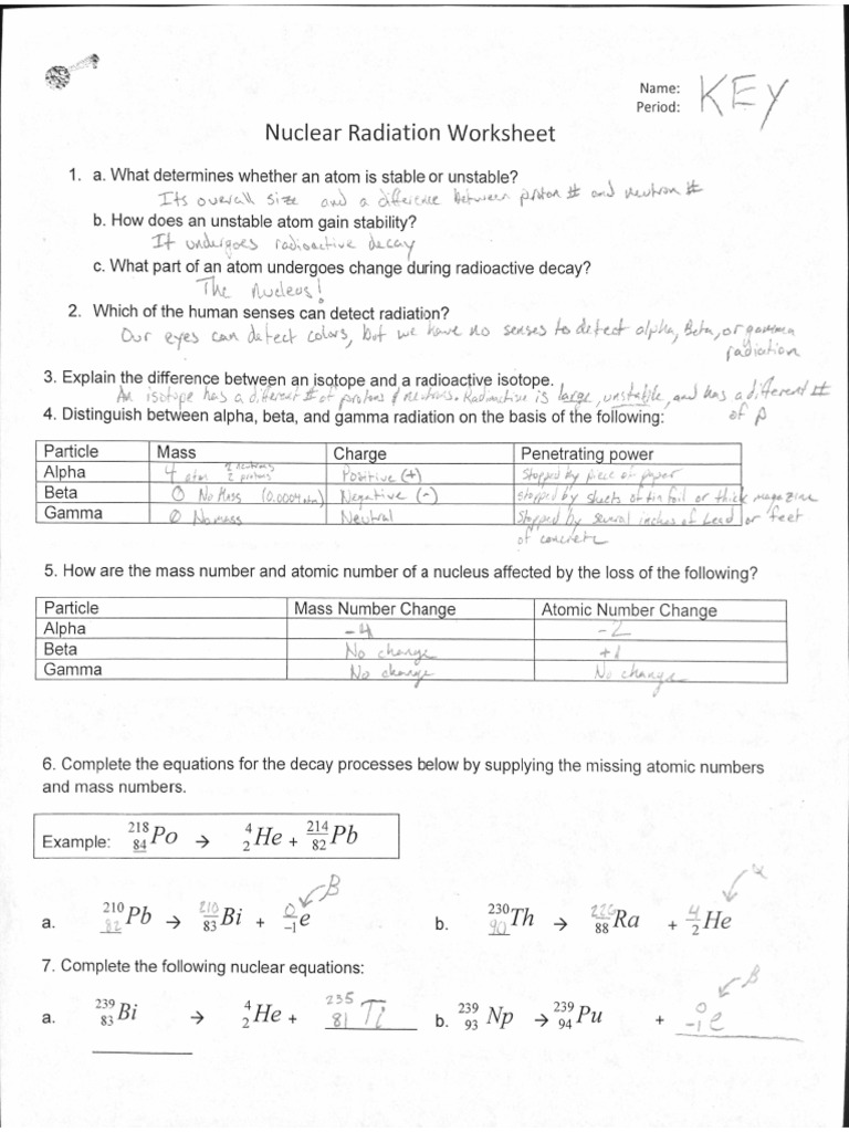 Nuclear Radiation Decay Equations WORKSHEET KEY Regarding Radioactive Decay Worksheet Answers