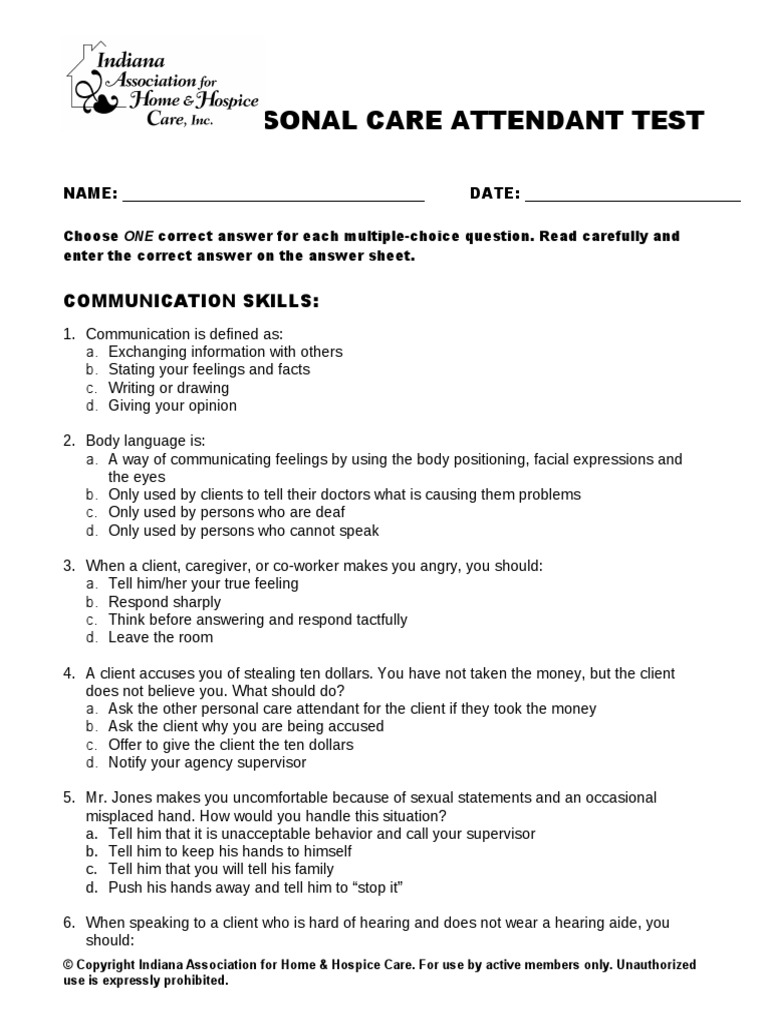 Personal Care Attendant Test | PDF | Hearing Loss | Caregiver for Free Printable Inservices For Home Health Aides