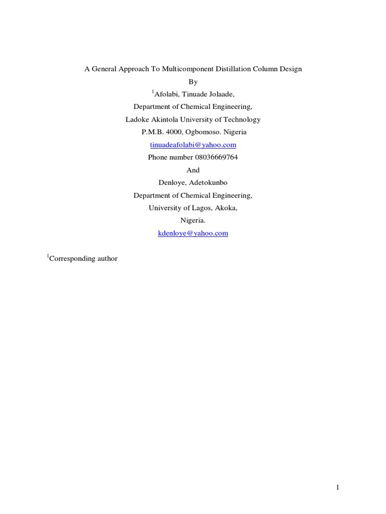 A General Approach To Multicomponent Distillation Column Design PDF
