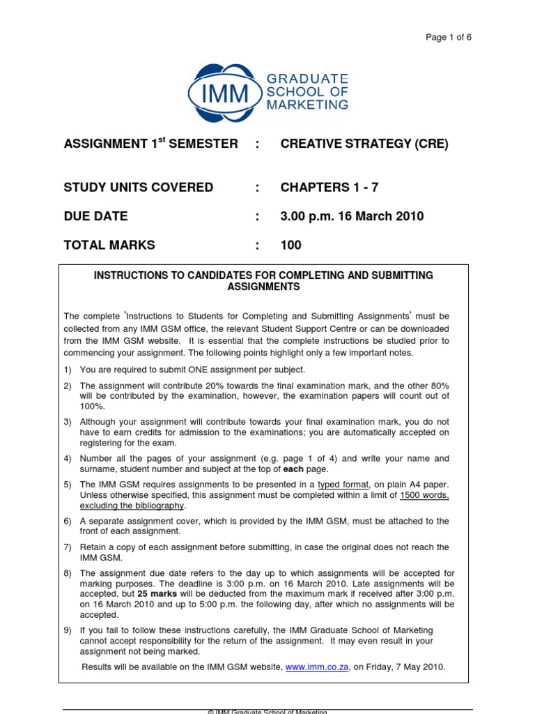 Assignment 1 Semester: Creative Strategy (Cre) : Instructions To ...