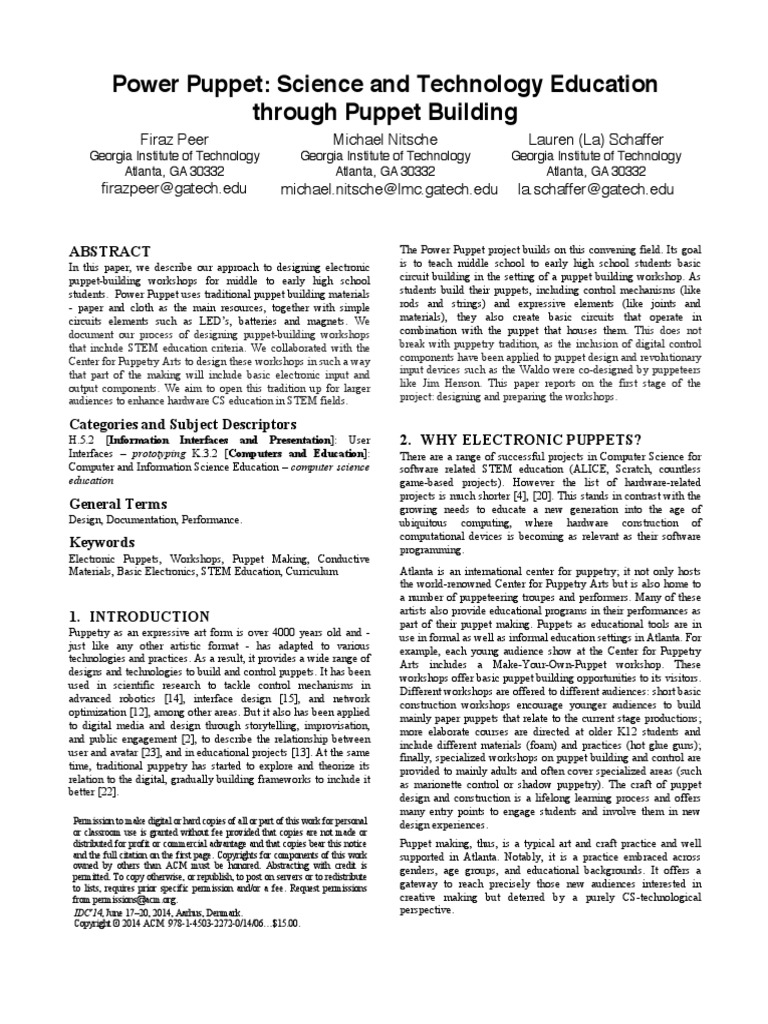 Power Puppets Science and Technology Education Through Puppet Building