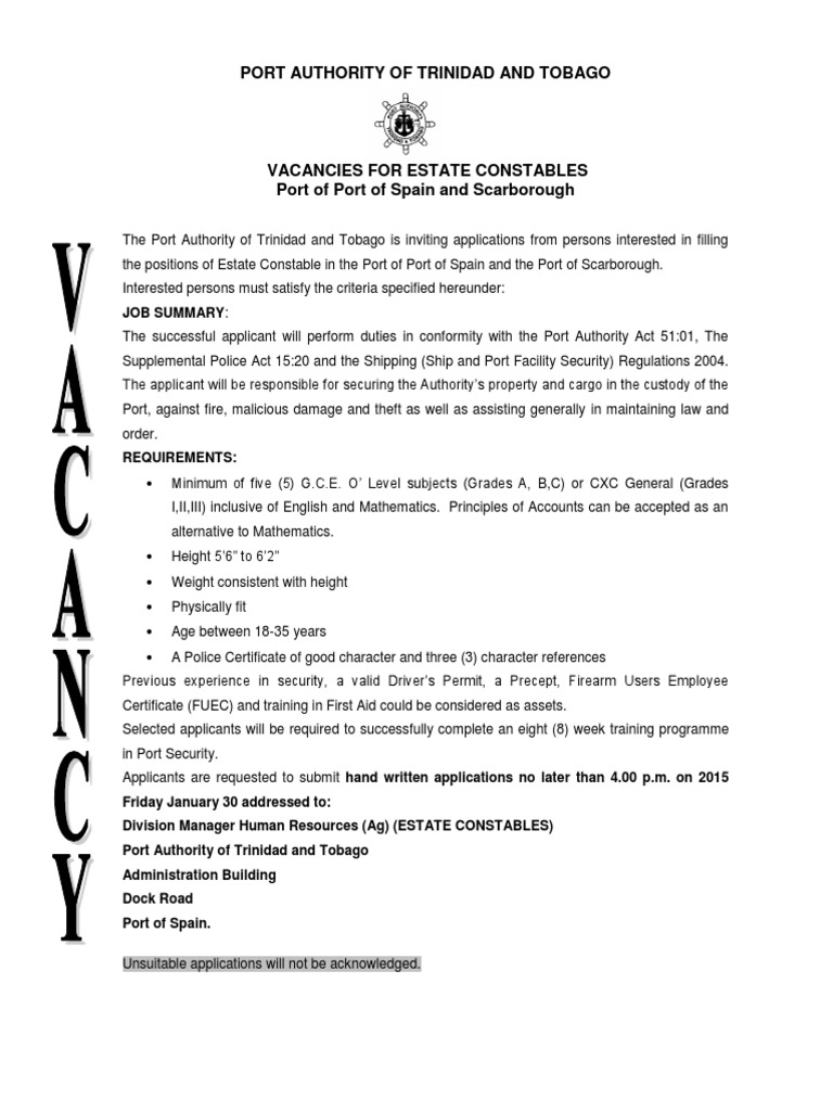 Estate Constable Vacancies at Port Authority | PDF | Business | Social ...